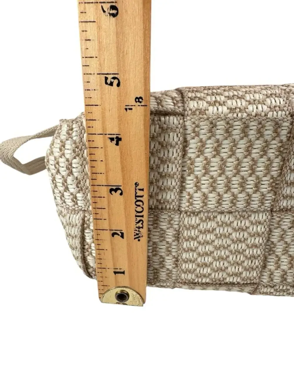 Alma Tunutti Woven Satchel Beige Top Handle Crossbody Wooden Handle Bag